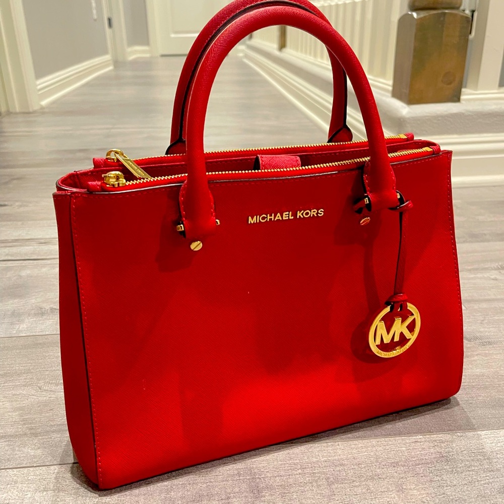 Michael Kors Leather Tote Bag Red with Gold Trim